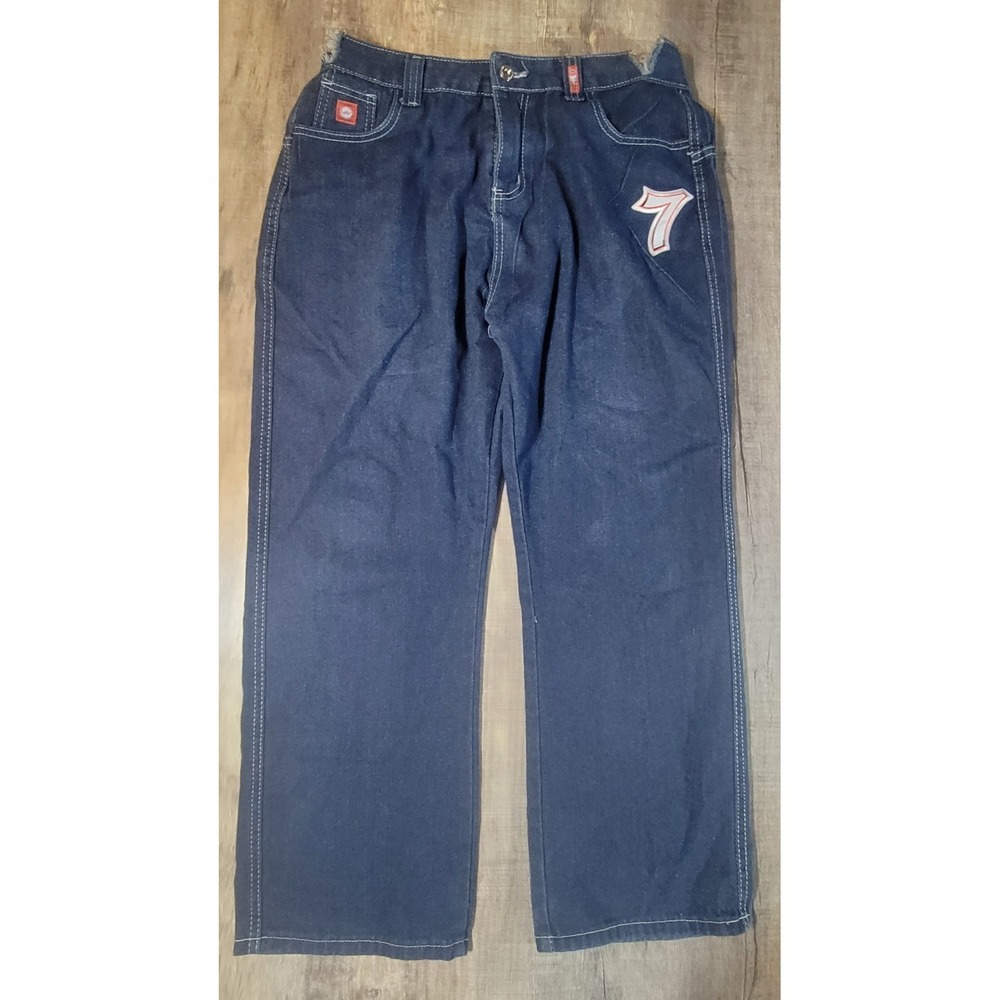 JNCO Lucky 7 Dice Jeans 34x26 Blue Denim Mid Rise Baggy Skater Y2K Rare Stretch - Picture 2 of 16